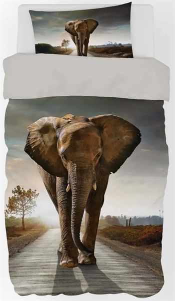 Billede af Sengetøj 140x200 cm - Flot dynebetræk med stor elefant - 100% bomulds sengesæt hos Shopdyner.dk